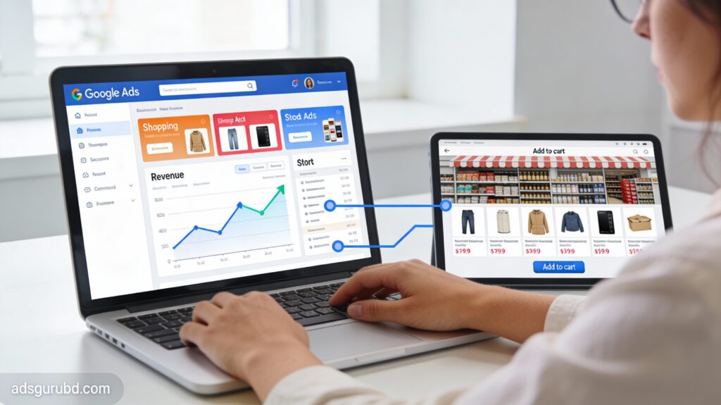 Digital marketer optimizing Google Ads Shopping campaigns on a laptop with product images and rising revenue graphs for an online store
