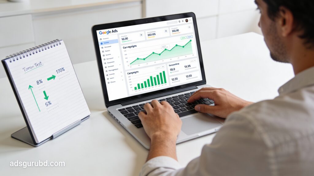 Digital marketing specialist managing Google Ads campaigns on a laptop with rising performance graphs, representing ongoing Google Ads growth management for adsgurubd.com