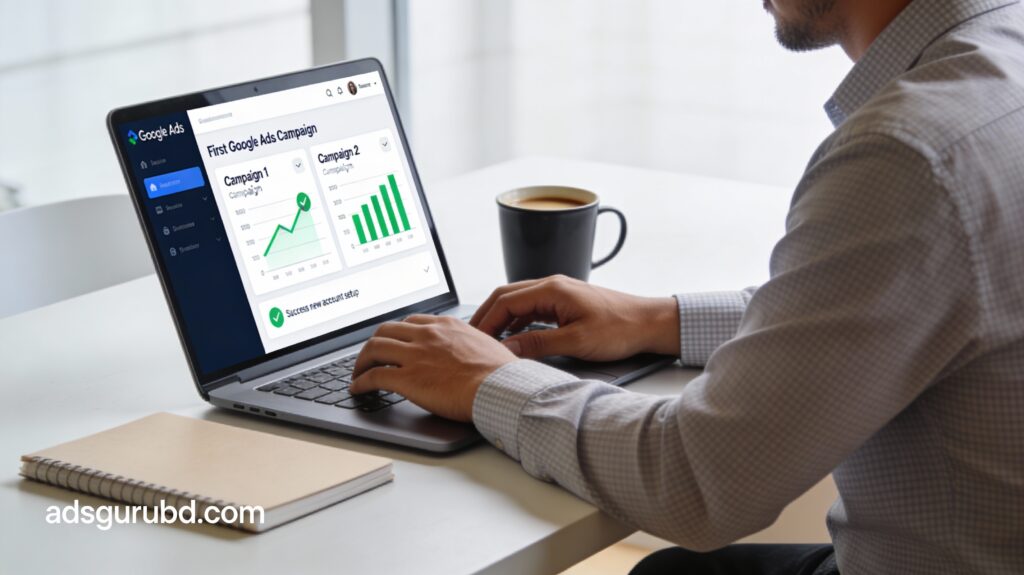 Small business owner setting up a new Google Ads campaign on a laptop for adsgurubd.com
